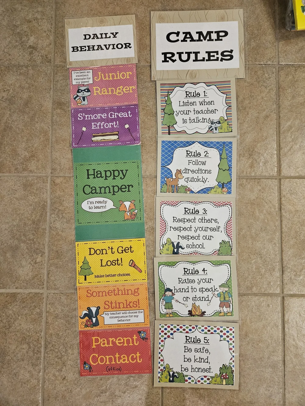 Classroom Camp Theme Decor: Behavior Chart, Rules, Birthday Display, Etc